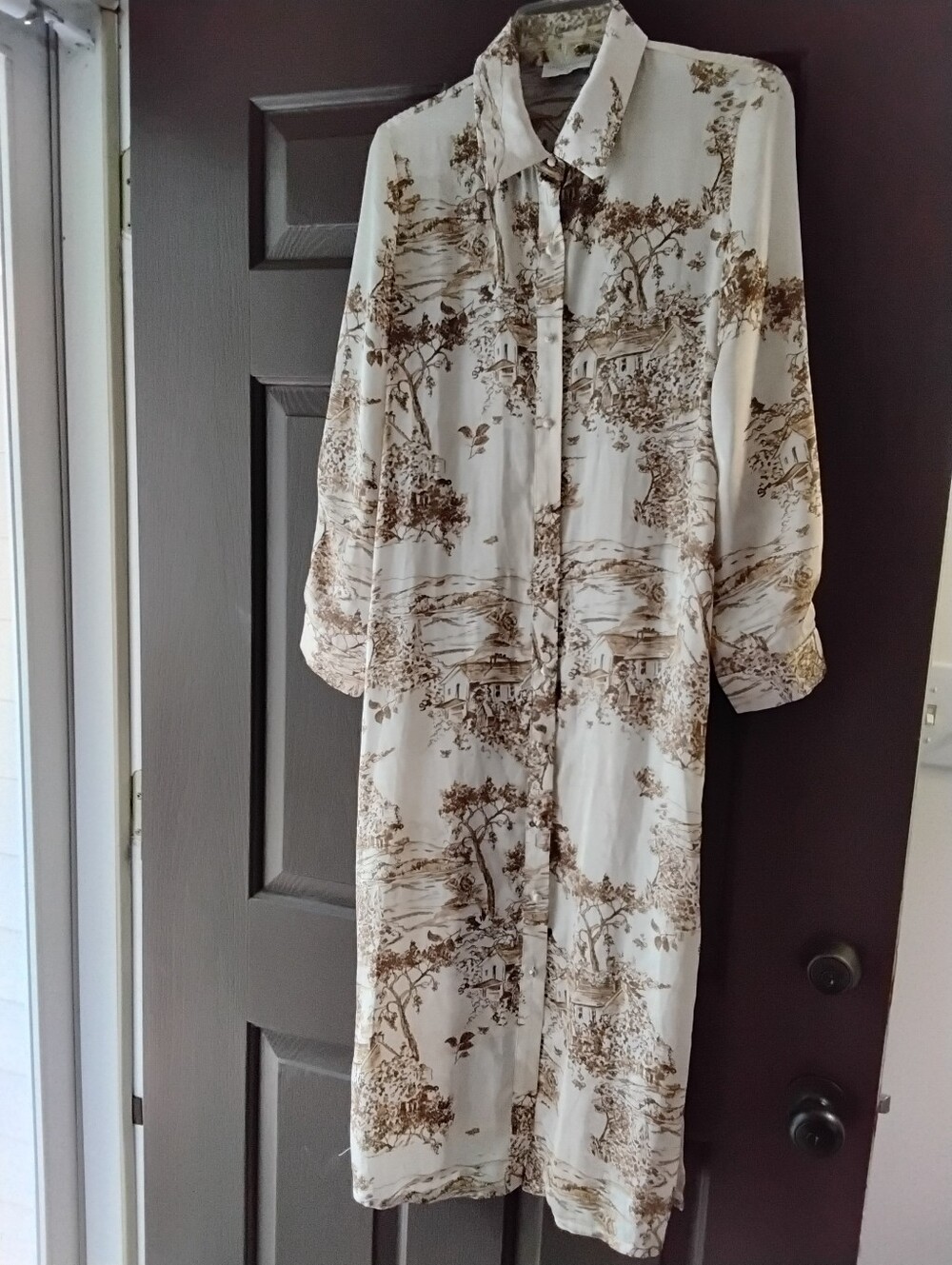 Dress FORUM Women's Cream Shirt Dress with Brown Scenic Print Small